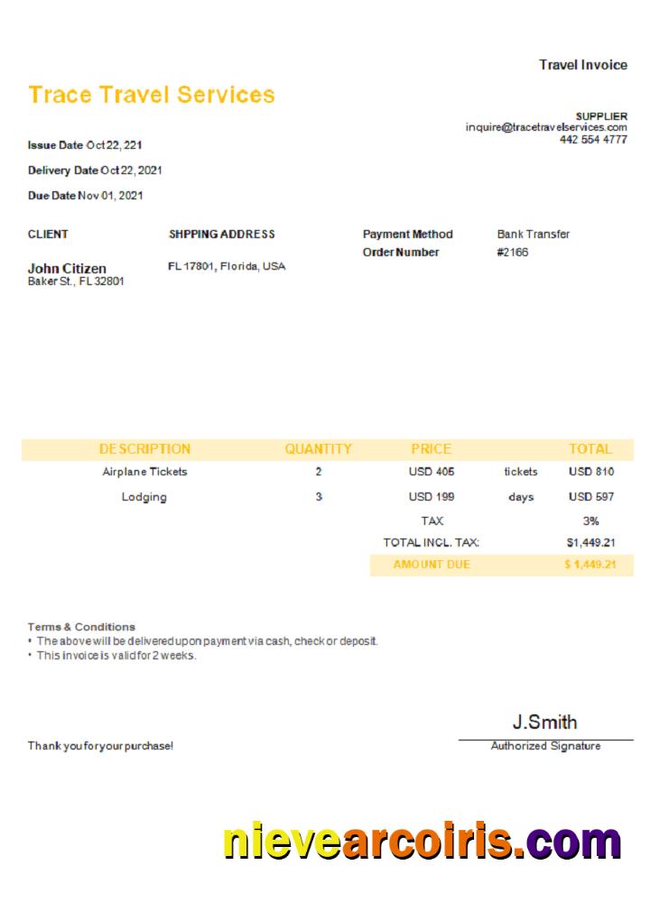 USA Trace Travel Services invoice